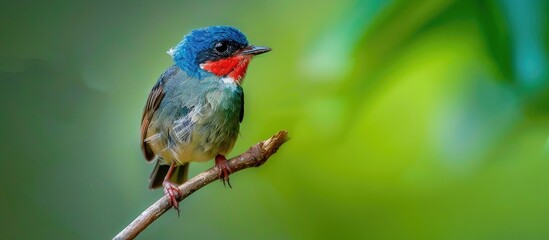 Obraz premium Red Cheeked Cordon Blue Perched On A Stick Against A Natural Green Background