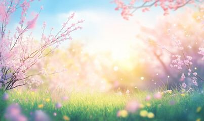 Beautiful blurred spring background with sun and flowers, blurred green grass in the foreground, blurred pink cherry blossoms on top, bright sunny sky