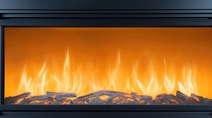 Fireplace with a lot of flames and logs. The fire is orange and yellow. The fire is very hot