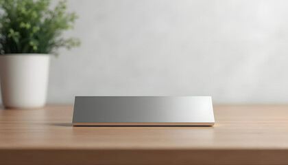 Blank metallic nameplate on wooden desk with potted plant in background