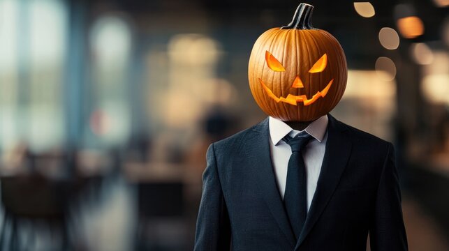 Businessman in a suit with a pumpkin for a head embodying a Halloween theme Blurred background enhances the focal point and provides ample space for text