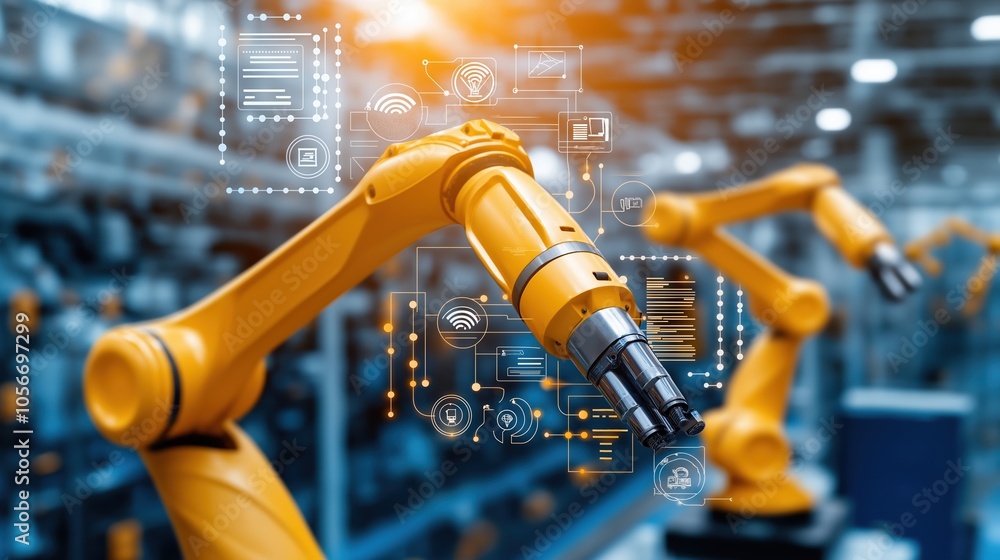 Poster large, yellow robot with a blue head, surrounded by a plethora of technology. the robot is surrounde