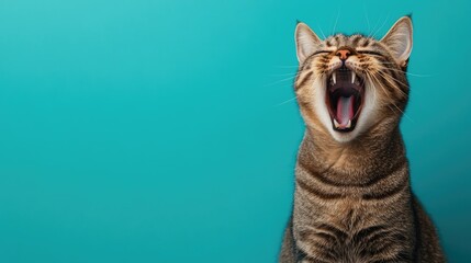 Malicious cat gazes with incredulity against a teal blue background A fierce feline hisses with an open mouth revealing its teeth Distressed tabby pet appears to be crying