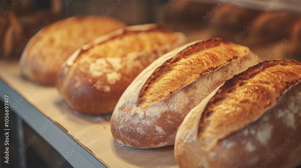 Poster artisan bread loaves showcased in a bakery setting softly illuminated captured in a close up perspec
