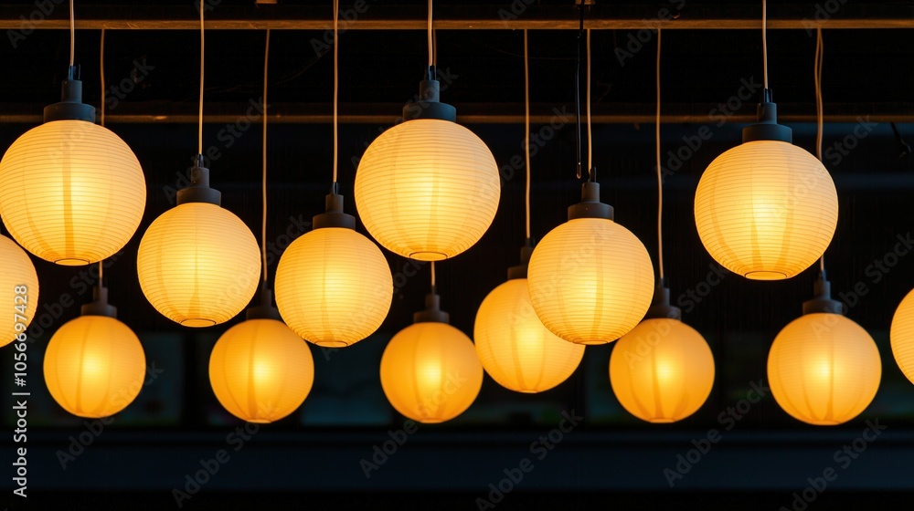 Poster row of yellow lanterns hanging from the ceiling. the lanterns are lit up and create a warm and invit