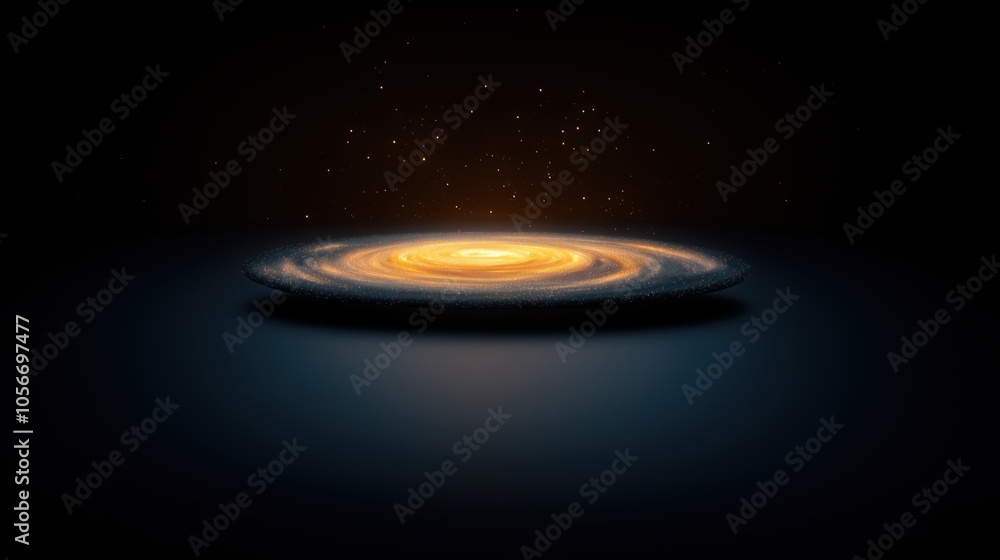 Poster small, glowing object sits on a dark background. the object is surrounded by a bright yellow circle,