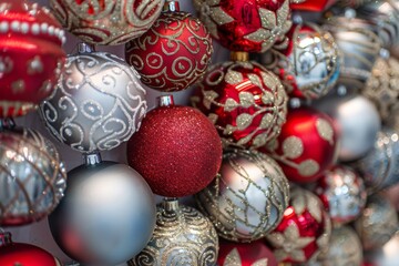 A close-up of beautifully decorated Christmas ornaments in red, silver, and gold, showcasing intricate designs and glitter.