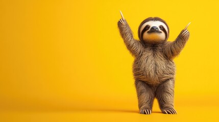 A curious baby sloth stands on its hind legs against a vibrant yellow background showcasing a playful and charming depiction of wildlife curiosity and animal humor