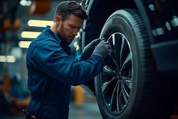 Skilled mechanic inspecting tire detail in an auto repair shop automobile service : Generative AI