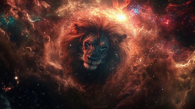 sign of the zodiac leo - portrait of a lion in a colorful universe with some galaxies and stars, leo sign with stars on black background. Zodiac signs, stars and horoscop