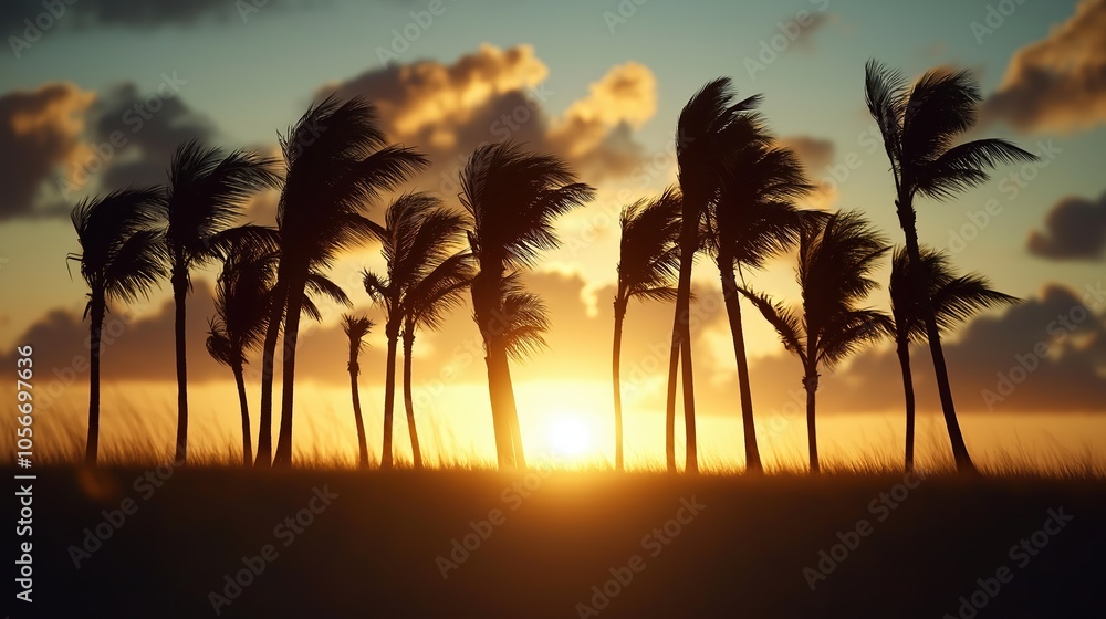 Poster sunset over a beach with palm trees. the palm trees are swaying in the wind. the sky is filled with 