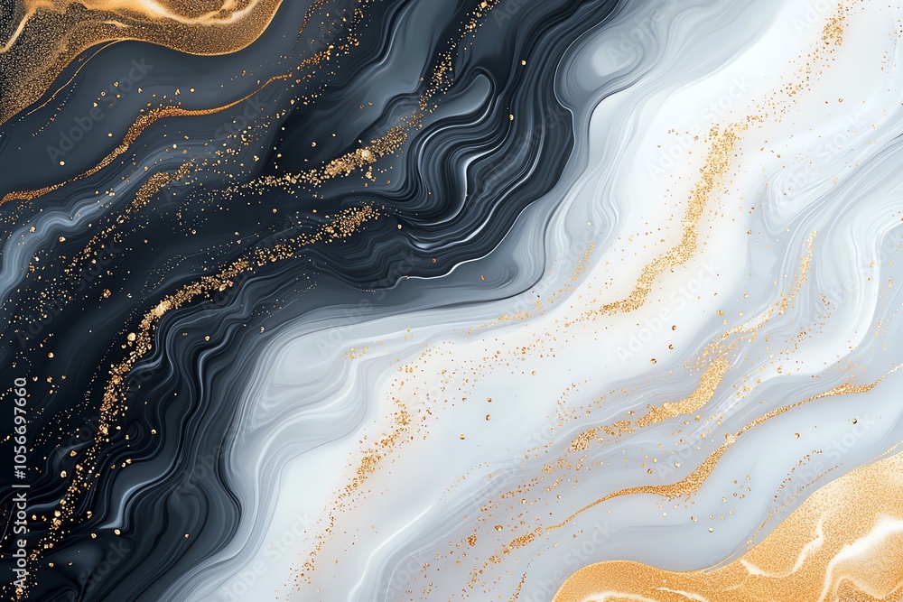 Poster abstract swirling pattern with gold, black, and white colors, creating a luxurious and elegant artis