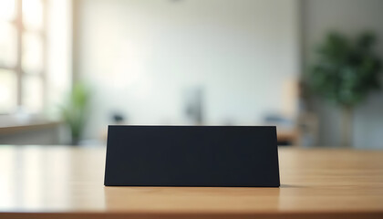 Naklejka premium Blank black nameplate on wooden desk in modern office with soft lighting in background