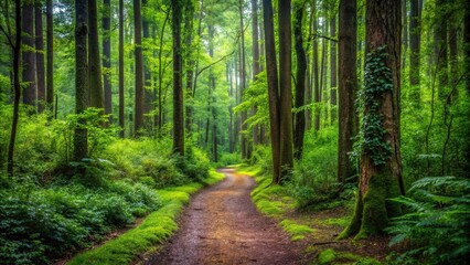 Obraz premium Dense forest trail winding through tall trees and overgrown underbrush, wilderness, dense forest