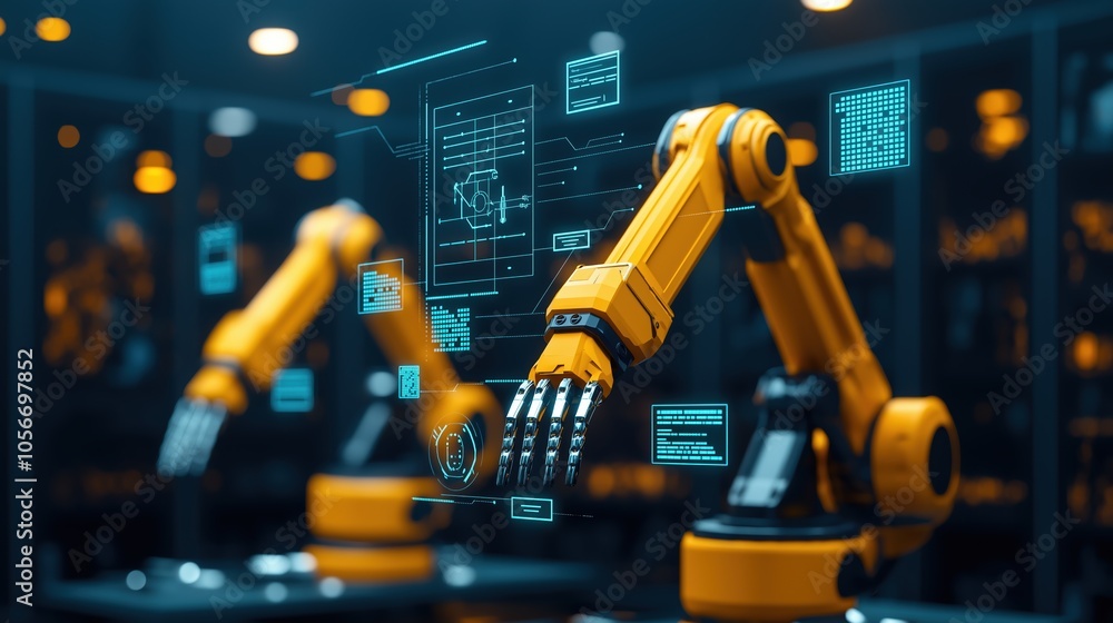 Poster two robots with glowing hands are shown in a room with a computer screen. the robots are designed to