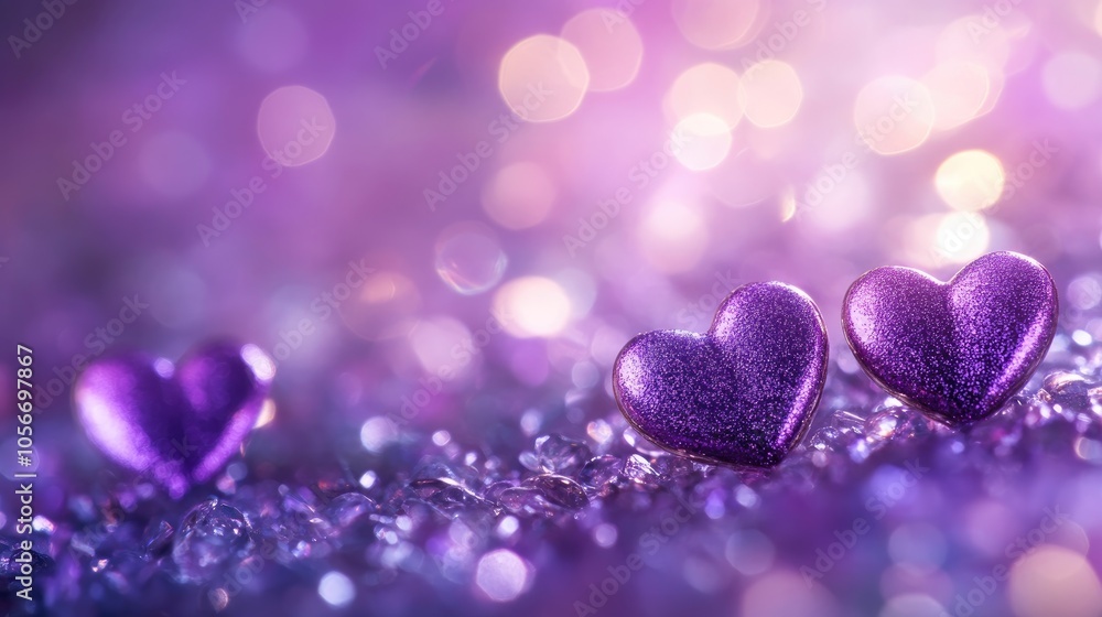 Poster purple hearts appear against a shimmering bokeh backdrop symbolizing affection and warmth in an imag