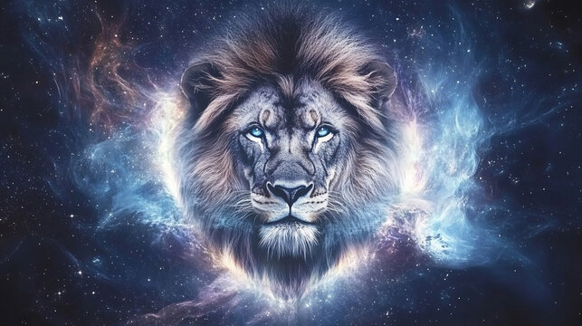 sign of the zodiac leo - portrait of a lion in a colorful universe with some galaxies and stars, leo sign with stars on black background. Zodiac signs, stars and horoscop