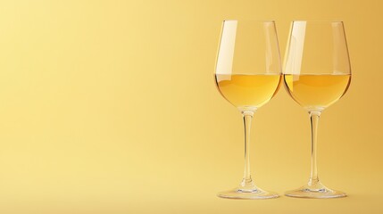 Two wine glasses filled with white wine against a soft yellow backdrop Perfect for a summer gathering wine tasting or a romantic dinner Ample copy space available