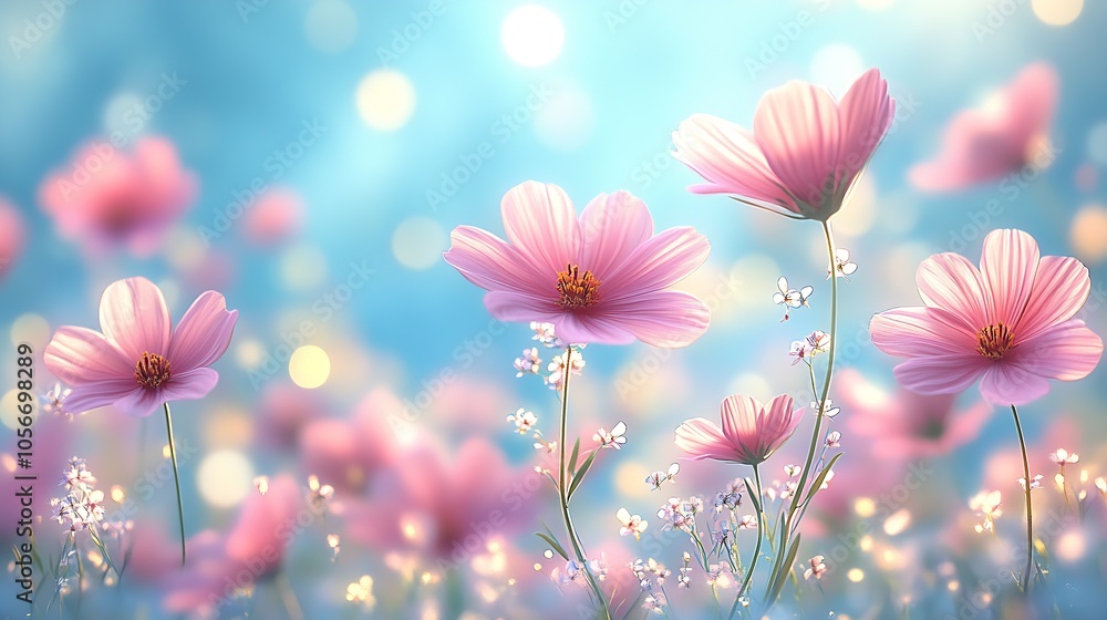 Poster Enchanting Pink Cosmos Flowers in Bloom with Bokeh Background : Generative AI