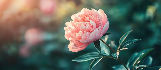 One Large Delicate Pink Peony Flower In Shadow With Blurred Green Leaves Background In A Garden In A Sunny Spring Day