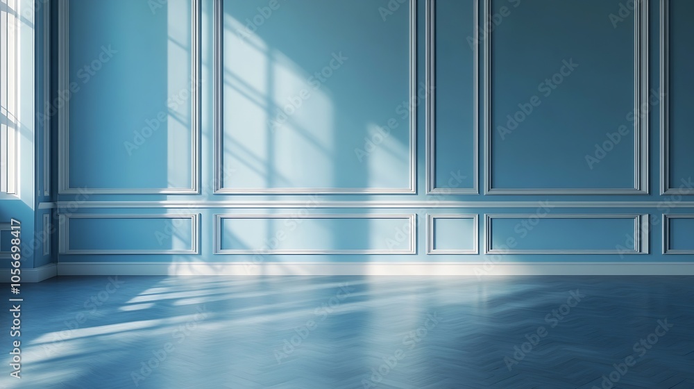 Poster Sunlight Streaming Through Elegant Room with Blue Paneled Walls : Generative AI
