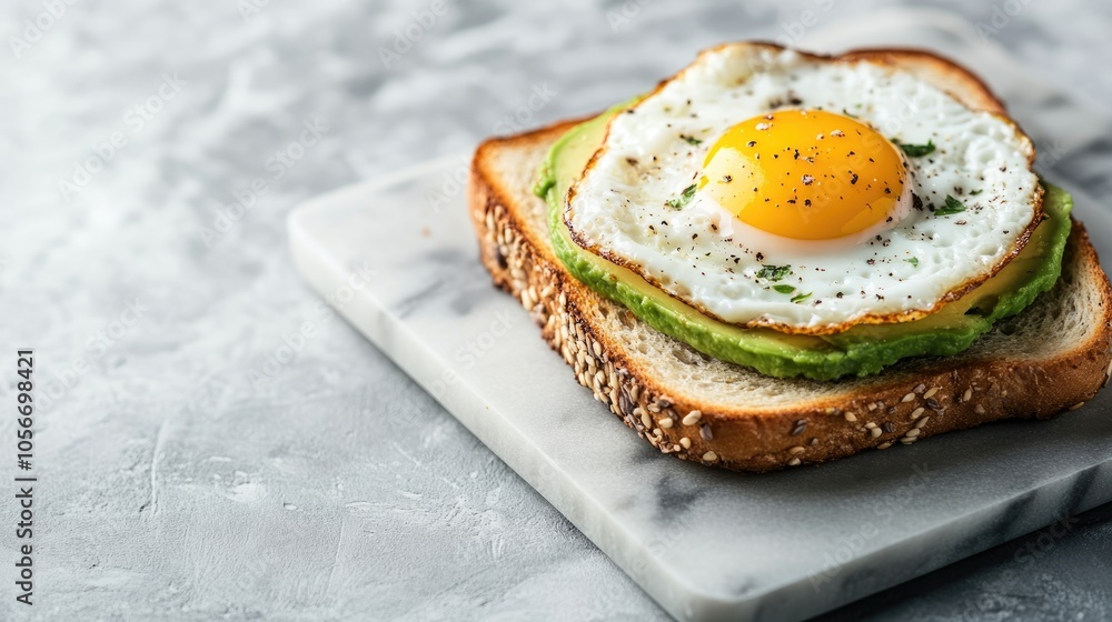 Aufkleber nutritious breakfast featuring an open sandwich topped with fresh avocado and a fried quail egg pres