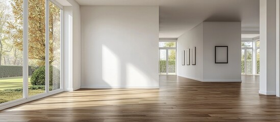 Fototapeta premium Empty Spacious Living Room With White Walls And Hardwood Floor In Unfurnished Contemporary House