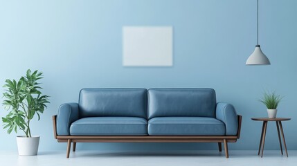 Blue leather sofa with wooden frame set against a light blue wall Features include a hanging lamp small table and potted plant showcasing a minimalist living room design