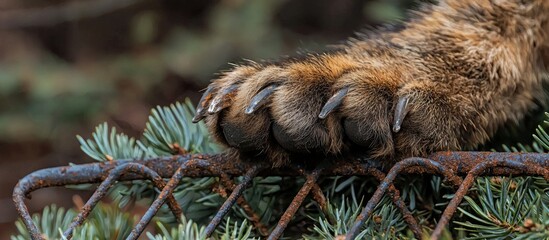 Obraz premium Metal Trail Trap With Traces Of Corrosion On The Paw Of A Wild Fur Bearing Animal Mounted In A Cocked State On Green Coniferous Branches Close Up