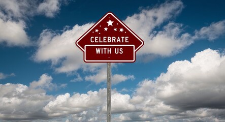 celebrate with us text on road sign with clouds and sky background