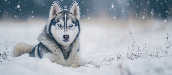 Naklejka premium Husky Dog Sitting In The Snow And Waiting For Play Siberian Husky With Blue Eyes On Winter Field Portrait Of Nice Dog