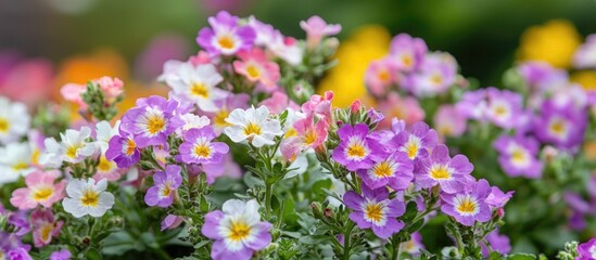 Fototapeta premium Very Pretty Small White Pink And Purple Flowers With Yellow Centres A Flowerbed Planted With The Heavily Scented Bedding Plant Nemesia Aloha Gorgeous Summer Garden Close Up