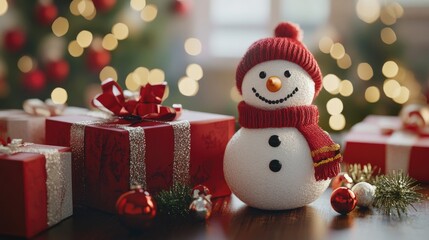 Festive gift boxes accompanied by a cheerful snowman toy