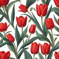 Obraz premium Flowers and leaves background design. Abstract geometric seamless pattern. Decoration floral ornament in retro vintage design style. Red tulip flowers. 