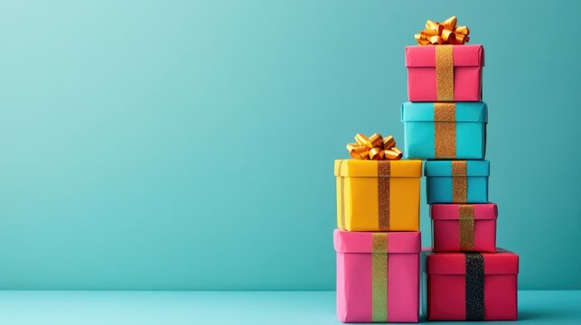 Colorful stacked gift boxes for Christmas or birthdays featuring blank areas for customizable text