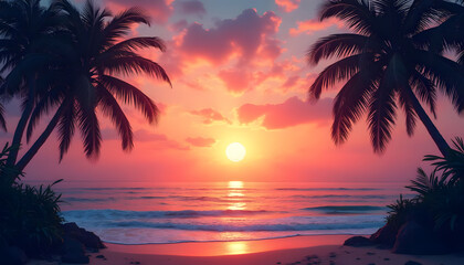 Obraz premium Tropical sunset over the ocean with palm trees framing the view and vibrant colors 