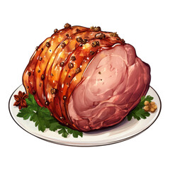 Obraz premium A succulent, glazed ham roast with a crispy exterior, garnished with greens and spices, presented on a white plate against a dark background.