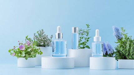 2410_024.elegant cosmetic display setup, sky blue background, potted greenery, glass laboratory bottles, matte white circular stands, professional product photography