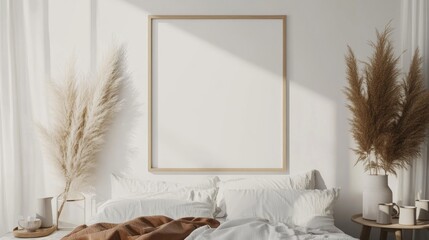 Mockup of an empty frame in a contemporary bedroom featuring a stylish interior coffee cups and pampas grass arranged on the bed