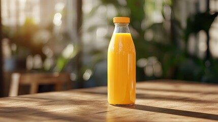 An orange juice bottle rests on a wooden table serving as a mockup template for design printing