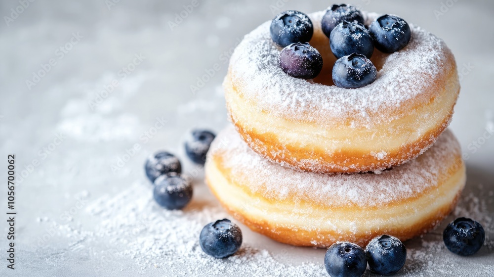 Poster powdered sugar doughnuts topped with fresh blueberries on a light gray backdrop selective focus with