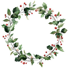 Fototapeta premium Circular Christmas wreath with green leaves and red berries, isolated on png transparent background