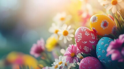 Obraz premium Vibrant Easter eggs nestled in a close up view with blooming spring flowers and ample copy space