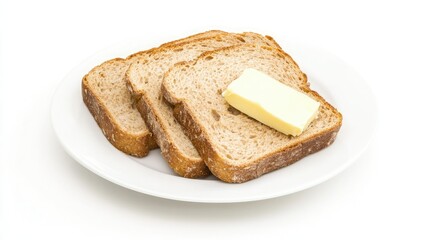 A minimalist image of two slices of toasted whole-grain bread on a white plate, with a knife