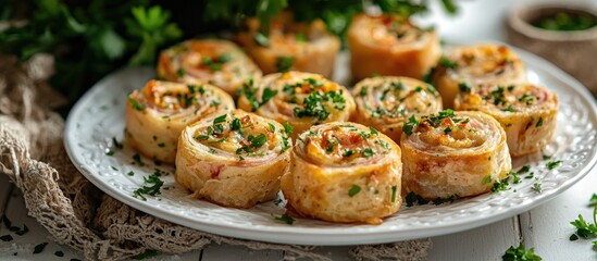Cheese And Ham Rolls With Chopped Parsley Served On A White Plate On A Decorated Table