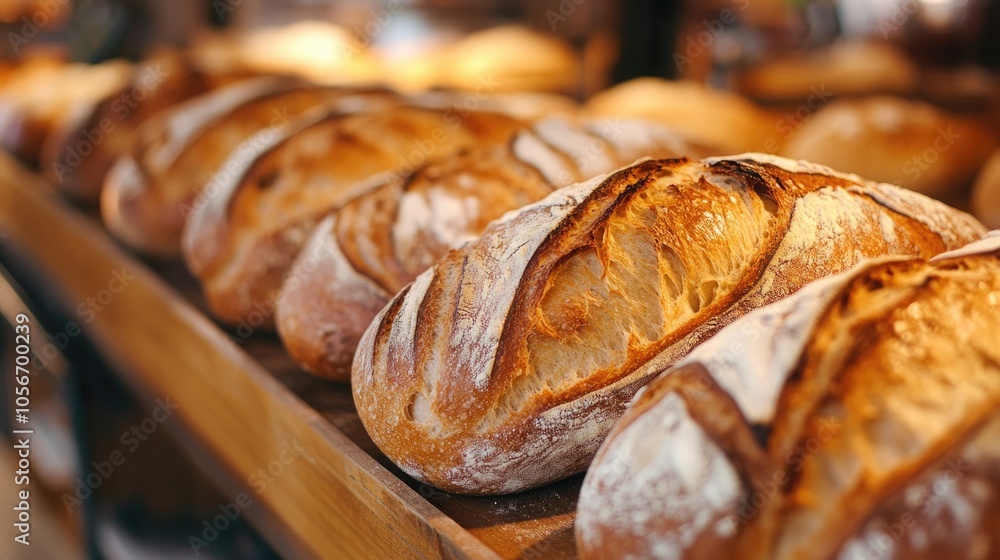 Poster artisan bread loaves showcased in a bakery setting softly illuminated captured in a close up perspec