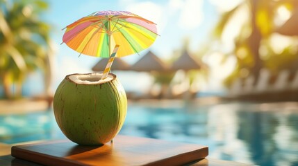 Refreshing green coconut beverage with a paper straw and colorful umbrella on a wooden board set against a pool and tropical beach resort backdrop Perfect for a getaway theme