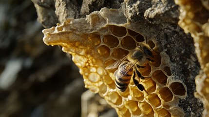 A bee with honey comb at work
