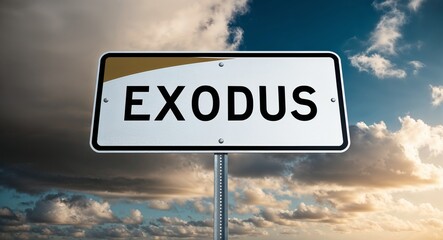Exodus text on road sign with clouds and sky background