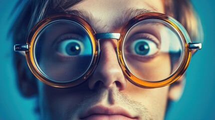 Humorous individual sporting oversized eyeglasses with thick lenses